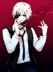 Rule 34 | 10s, 1boy, arisaka ako, bad id, bad pixiv id, black nails, black necktie, black sclera, blood, blood on clothes, blood on face, blood on hands, colored sclera, eyepatch, unworn eyepatch, glowing, glowing eyes, grin, kaneki ken, long sleeves, looking at viewer, male focus, mask, unworn mask, nail polish, necktie, open mouth, red background, red eyes, shirt, short hair, smile, solo, teeth, tokyo ghoul, vest, white hair, white shirt