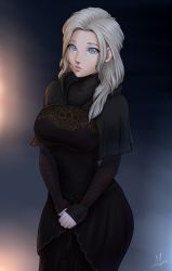 Rule 34 | 1girl, aesdev3, arm wrap, black capelet, black dress, blind, breasts, capelet, cowboy shot, dark souls (series), dark souls iii, dress, facing viewer, fire keeper, grey eyes, highres, large breasts, lips, long dress, looking at viewer, mask, medium hair, no mask, own hands clasped, own hands together, pink lips, silver hair, solo, standing