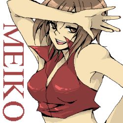 Rule 34 | 1girl, armpits, bad id, bad pixiv id, blouse, breasts, brown eyes, brown hair, character name, female focus, half-closed eyes, lowres, medium breasts, meiko (vocaloid), oekaki, red shirt, red theme, shirt, short hair, simple background, solo, takase kei, vocaloid, white background