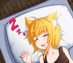 Rule 34 | 1girl, ahoge, animal ear fluff, animal ears, asymmetrical hair, black camisole, blonde hair, breasts, camisole, cleavage, commentary request, cookie (touhou), drooling, fox ears, fox girl, half-closed eyes, medium hair, miramikaru riran, open mouth, pillow, red eyes, sidelocks, small breasts, solo, upper body, waking up, wooden floor, yan pai, zzz