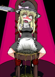 Rule 34 | 1girl, apron, black footwear, black skirt, black vest, blonde hair, blush, bound, bound arms, bound legs, bow, braid, breasts, chair, commentary request, cookie (touhou), fish, frilled apron, frills, full body, hair between eyes, hair bow, hat, hat bow, kirisame marisa, kiwami-highlow, long hair, looking to the side, medium breasts, nicetack, open mouth, pee, peeing, peeing self, pink bow, scared, shoes, side braid, single braid, skirt, socks, solo, sweat, touhou, uzuki (cookie), vest, waist apron, white apron, white socks, witch hat, yellow eyes