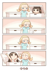 Rule 34 | 2girls, 4koma, :&lt;, puff of air, black hair, blonde hair, blunt bangs, blush, box, chibi, child, comic, highres, hime cut, in box, in container, kozato (yu kozato), little blonde girl (kozato), long hair, looking at another, motion blur, multiple girls, no pupils, original, shirt, short sleeves, silent comic, sleeveless, surprised, twintails