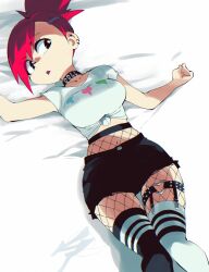Rule 34 | 1girl, aetherion, animification, asymmetrical legwear, bare arms, bed sheet, black choker, black eyes, black shorts, black thighhighs, breasts, choker, cutoffs, denim, denim shorts, ear piercing, eyes visible through hair, feet out of frame, fishnet pantyhose, fishnets, foster&#039;s home for imaginary friends, frankie foster, front-tie top, hair ornament, hairclip, heart o-ring, high ponytail, highres, large breasts, long bangs, lying, midriff, mismatched legwear, navel, on back, pantyhose, piercing, red hair, shirt, short hair, short shorts, short sleeves, shorts, solo, swept bangs, t-shirt, thigh strap, thighhighs, white shirt, white thighhighs, wide ponytail