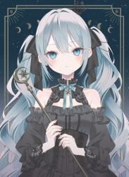 1girl absurdres bare_shoulders black_dress black_ribbon blush dress frilled_dress frills green_eyes green_hair hair_ribbon hatsune_miku highres holding holding_wand looking_at_viewer open_mouth paruno ribbon solo twintails vocaloid wand