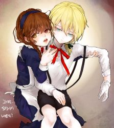 Rule 34 | 1boy, 1girl, adjusting bow, apron, bad id, bad pixiv id, blonde hair, blue eyes, bow, bowtie, braid, brown hair, charlotte (chloe no requiem), chloe no requiem, gloves, hair bow, heterochromia, long hair, loose clothes, maid, maid apron, open mouth, pierre d&#039;alembert, ponytail, short hair, shorts, sitting, sitting on lap, sitting on person, suspenders