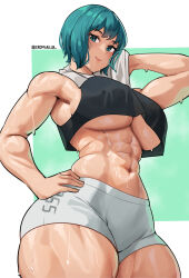 Rule 34 | 1girl, breasts, cromwellb, crop top, crop top overhang, curvy, green hair, gym shorts, hand on own hip, highres, large breasts, looking down, sei asagiri, short hair, shorts, simple background, smile, solo, toned, towel, towel around neck, underboob, va-11 hall-a