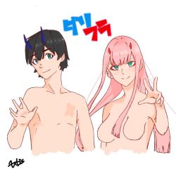 Rule 34 | 10s, 1boy, 1girl, bad id, bad twitter id, black hair, blue eyes, blue horns, breasts, collarbone, commentary request, couple, darling in the franxx, green eyes, hand up, hetero, hiro (darling in the franxx), horns, long hair, looking at viewer, medium breasts, no nipples, oni horns, pink hair, red horns, scar, scar on chest, short hair, signature, topless male, uchikun palette, v, zero two (darling in the franxx)