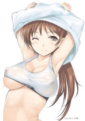 Rule 34 | 10s, 1girl, armpits, arms up, artist name, breasts, brown eyes, brown hair, cleavage, covered erect nipples, dated, idolmaster, idolmaster cinderella girls, kiya shii, large breasts, long hair, nitta minami, one eye closed, see-through, simple background, smile, solo, sports bra, sweat, underboob, undressing, wet, wet clothes, white background