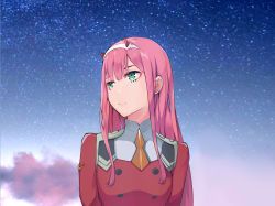 Rule 34 | 10s, 1girl, absurdres, darling in the franxx, from below, green eyes, hairband, highres, looking to the side, mustbe 2, necktie, orange necktie, outdoors, pink hair, short necktie, sky, solo, star (sky), starry sky, uniform, upper body, white hairband, zero two (darling in the franxx)
