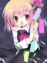 Rule 34 | 1girl, :d, ascot, bamboo, blonde hair, embodiment of scarlet devil, fang, female focus, gradient background, hair ribbon, highres, open mouth, outdoors, plant, red eyes, ribbon, rumia, short hair, sky, smile, solo, tanabata, touhou, yumemomosaka