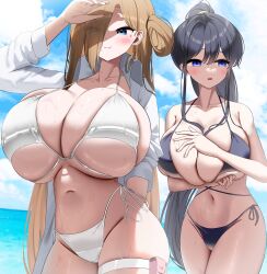 2girls absurdres bikini black_bikini blue_eyes blush breasts brown_hair cleavage cloud collarbone eyes_visible_through_hair facial_mark gigantic_breasts hair_behind_ear hair_bun hair_over_one_eye heart heart_facial_mark highres huge_breasts long_hair looking_to_the_side multiple_girls navel nervous nicorima ocean open_clothes open_hand open_shirt original ponytail shading_face shirt side-tie_bikini_bottom single_side_bun skindentation sky smile swimsuit thigh_strap very_long_hair water white_bikini white_shirt