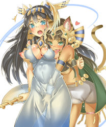 Rule 34 | 2girls, ^^^, animal ears, aqua eyes, bad id, bad pixiv id, bastet (p&amp;d), black hair, blush, grabbing another&#039;s breast, breasts, brown hair, cat ears, cat tail, covered erect nipples, dark-skinned female, dark skin, dress, egyptian clothes, grabbing, green eyes, headband, heart, highres, isis (p&amp;d), jewelry, kukkumann, large breasts, licking, long hair, lots of jewelry, medium breasts, multiple girls, nipples, open mouth, puffy nipples, pussy juice, puzzle &amp; dragons, staff, tail, tears, yuri