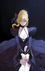 Rule 34 | 1girl, artoria pendragon (all), artoria pendragon (fate), black dress, blonde hair, breasts, cleavage, commentary request, dark persona, detached collar, dress, fate/grand order, fate/stay night, fate (series), gothic lolita, hair bun, highres, jinwu (jinwudraw), large breasts, lolita fashion, looking at viewer, pale skin, saber alter, short hair, single hair bun, solo, v arms, wide sleeves, yellow eyes