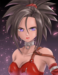 Rule 34 | 1girl, asymmetrical clothes, bare shoulders, black hair, breasts, cleavage, collar, dragon quest, dragon quest viii, earrings, elbow gloves, gloves, hair up, hoop earrings, jewelry, looking at viewer, medium breasts, metal collar, pekuchin (pekuchin 3), purple eyes, red (dq8), red gloves, red lips, solo, spiked hair, upper body