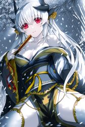 Rule 34 | 1girl, bare shoulders, blush, breasts, cleavage, closed mouth, collarbone, commentary request, dragon girl, dragon horns, fate/grand order, fate (series), folding fan, hand fan, highres, holding, holding fan, horns, japanese clothes, kiyohime (fate), large breasts, long hair, long sleeves, looking at viewer, morizono shiki, outdoors, red eyes, solo, spread legs, thighhighs, thighs, white hair, white thighhighs