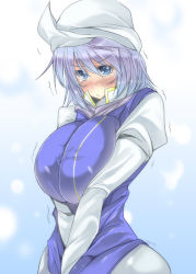 Rule 34 | 1girl, bad id, bad pixiv id, blue eyes, blue hair, blush, breasts squeezed together, breasts, female focus, hat, huge breasts, letty whiterock, matching hair/eyes, short hair, solo, toono yayoi, touhou, trembling, upper body