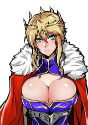 Rule 34 | 1girl, absurdres, artoria pendragon (fate), artoria pendragon (lancer) (fate), blonde hair, blush, breasts, bursting breasts, cape, cleavage, cleavage cutout, closed mouth, clothing cutout, dress, fate/grand order, fate (series), female focus, fur trim, gggg, green eyes, highres, large breasts, long hair, looking at viewer, no bra, pov, serious, shiny clothes, shiny skin, simple background, solo focus, upper body, white background