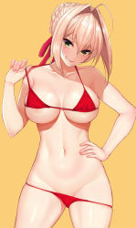 Rule 34 | 1girl, ahoge, areola slip, bad id, bad twitter id, bikini, bikini top lift, blonde hair, blush, border, braid, breasts, cleavage, clothes lift, cocq taichou, fate/extra, fate/grand order, fate (series), french braid, green eyes, hair between eyes, hair bun, hair intakes, hair ribbon, hand on own hip, large breasts, long hair, looking at viewer, navel, nero claudius (fate), nero claudius (fate) (all), nero claudius (fate/extra), red bikini, red ribbon, ribbon, short hair, single hair bun, smile, solo, strap pull, swimsuit, thighs, white border, yellow background
