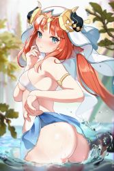 Rule 34 | 1girl, armlet, ass, bare arms, bare shoulders, bikini, blurry, blurry background, blush, breasts, clothes lift, depth of field, forehead jewel, genshin impact, green eyes, highres, horns, koahri, lifting own clothes, light smile, long hair, looking at viewer, low twintails, medium breasts, nilou (genshin impact), parted bangs, red hair, skirt, skirt lift, solo, swimsuit, twintails, veil, wading, water, water drop, wet, white bikini, white headdress