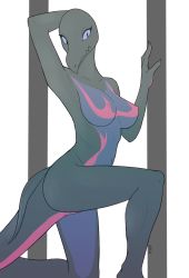 Rule 34 | 1girl, arm behind head, arm up, armpits, artist name, black eyes, breasts, closed mouth, collarbone, colored sclera, creatures (company), female focus, furry, furry female, game freak, gen 7 pokemon, hand up, highres, kneeling, large breasts, lizard tail, navel, nintendo, nipples, nude, personification, pokemon, pokemon (creature), purple sclera, salazzle, signature, simple background, solo, tail, two-tone background, white background, xan (xan0712)
