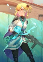 Rule 34 | 1girl, ashizawa saki, az (zero glvimayhop), belt, black nails, blonde hair, colored inner hair, commission, earrings, feet out of frame, gun, highres, holding, holding gun, holding weapon, jewelry, long sleeves, multicolored hair, nail polish, obi, one side up, pants, pink hair, red eyes, riot music, robe, sash, second-party source, short hair, solo, virtual youtuber, weapon, wide sleeves