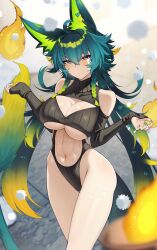 Rule 34 | 1girl, abs, absurdres, ahoge, amagami shinia, animal ears, bare shoulders, breasts, cleavage cutout, clothing cutout, cluseller, commission, green eyes, green hair, hair between eyes, highres, indie virtual youtuber, large breasts, long hair, looking at viewer, multicolored hair, navel, open clothes, open mouth, ribbed sweater, second-party source, shoulder cutout, solo, stomach, stomach cutout, sweater, tail, virtual youtuber
