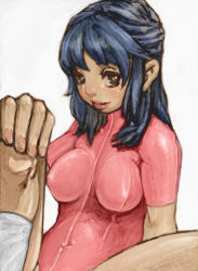 Rule 34 | 1girl, bad anatomy, bad proportions, blue hair, breasts, brown eyes, dark-skinned female, dark skin, highres, impossible clothes, impossible shirt, kneehighs, large breasts, lipstick, makeup, nail polish, poorly drawn, shirt, skin tight, socks, solo, talesof, tight clothes