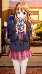 Rule 34 | 1girl, bag, black coat, blush, brown hair, coat, doukyuusei another world, dusk, game cg, hair ribbon, holding, holding bag, kakyuusei, long hair, long sleeves, looking at viewer, minamizato ai, miniskirt, official art, outdoors, pink skirt, plaid, plaid scarf, pleated skirt, red eyes, red ribbon, ribbon, scarf, school bag, skirt, solo, standing, very long hair