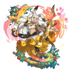 Rule 34 | 1girl, animal ears, apple, arrow (projectile), blue eyes, boots, bow, bug, butterfly, clothes lift, cygames, dragalia lost, food, fruit, full body, gauntlets, insect, long hair, looking at viewer, midriff, nintendo, non-web source, official art, open mouth, quiver, rabbit ears, saitou naoki, sarisse (dragalia lost), skirt, skirt lift, smile, solo, transparent background, white hair