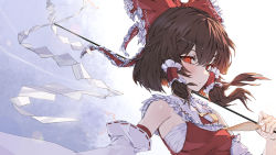 Rule 34 | 1girl, ascot, bare shoulders, blush, bow, brown hair, detached sleeves, frilled shirt collar, frills, gohei, hair between eyes, hair bow, hakurei reimu, looking at viewer, mont blanca, nontraditional miko, red bow, red eyes, red shirt, shirt, short hair, sidelocks, sleeveless, sleeveless shirt, solo, touhou, white sleeves, yellow ascot