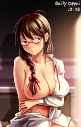 Rule 34 | 1girl, bail, blush, braid, breasts, brown eyes, brown hair, censored, convenient censoring, glasses, hair ornament, hair ribbon, hairclip, large breasts, long hair, looking at viewer, open clothes, open shirt, original, partially undressed, ribbon, shirt, single braid, solo