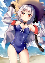 Rule 34 | 1girl, azur lane, beach, black legwear, blue one-piece swimsuit, blue sky, breasts, casual one-piece swimsuit, choker, cloud, collarbone, covered navel, cross, day, gluteal fold, hat, iron cross, long hair, mole, mole under eye, necktie, one-piece swimsuit, outdoors, red eyes, silver hair, sky, small breasts, solo, standing, straw hat, sun hat, swimsuit, tatara maguro, waves, z46 (azur lane), z46 (her first summer) (azur lane)