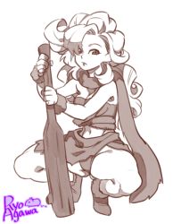 Rule 34 | 1990s (style), 1girl, agawa ryou, ankle boots, artist name, ayla (chrono trigger), bad id, bad tumblr id, boots, cavewoman, chrono (series), chrono trigger, club (weapon), curly hair, greyscale, long hair, monochrome, planted, retro artstyle, scarf, solo, squatting, strapless, tribal, tube top, weapon, wristband