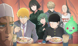Rule 34 | 2girls, 6+boys, bald, black dress, black eyes, black hair, black sclera, blonde hair, breasts, chopsticks, clothes writing, colored sclera, commentary, creator connection, crossed arms, crossover, curly hair, cyborg, dress, eating, ekubo (mob psycho 100), english commentary, flat chest, food, formal, fubuki (one-punch man), genos, green eyes, green hair, highres, holding, holding chopsticks, hood, hooded jacket, jacket, kageyama shigeo, king (one-punch man), kukie-nyan, large breasts, looking at another, looking to the side, mechanical arms, mob psycho 100, multiple boys, multiple girls, necktie, noodles, one-punch man, open mouth, ramen, reigen arataka, saitama (one-punch man), scar, scar across eye, scar on face, school uniform, shirt, short hair, siblings, single mechanical arm, sisters, sitting, smile, suit, tatsumaki, white shirt, wing collar, yellow eyes
