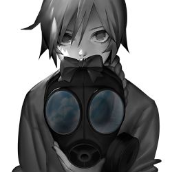 Rule 34 | 1girl, blue sky, bow, braid, braided ponytail, covered mouth, gas mask, greyscale, hair between eyes, hair over shoulder, holding, holding mask, long hair, looking at viewer, mask, unworn mask, mi8pq, monochrome, nail polish, reflection, sekka yufu, simple background, single braid, sky, solo, spot color, straight-on, upper body, utau