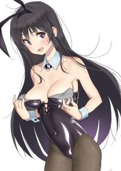 Rule 34 | 1girl, animal ears, areola slip, black hair, blush, breasts, cleavage, collar, collarbone, commentary request, covered navel, detached collar, fake animal ears, furuyama itaru, leotard, long hair, looking at viewer, medium breasts, open mouth, original, pantyhose, playboy bunny, purple eyes, rabbit ears, sidelocks, simple background, sleeve cuffs, solo, white background