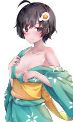 Rule 34 | 1girl, :|, absurdres, ahoge, araragi tsukihi, areola slip, bare shoulders, black hair, breasts, brown eyes, cleavage, closed mouth, collarbone, commentary, cowboy shot, egg (food), egg hair ornament, embarrassed, floral print, food, food-themed hair ornament, fried egg, green kimono, hair ornament, hair strand, hand on own chest, highres, japanese clothes, kimono, looking at viewer, monogatari (series), no bra, obi, off shoulder, open clothes, open kimono, sash, short hair, simple background, small breasts, solo, standing, undressing, white background, yellow sash, yuunamida uyu