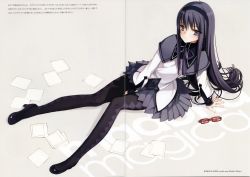 Rule 34 | 10s, 1girl, absurdres, akemi homura, argyle, argyle clothes, argyle legwear, arm support, between legs, between thighs, black hair, black pantyhose, bow, bowtie, capelet, copyright name, crease, full body, glasses, grey background, hairband, hand between legs, high heels, highres, legs, long hair, long legs, mahou shoujo madoka magica, mahou shoujo madoka magica (anime), non-web source, on floor, ooyari ashito, pantyhose, photo (object), pleated skirt, purple eyes, red-framed eyewear, scan, shaft (company), shoes, simple background, sitting, skirt, solo, thighs, translation request, unworn eyewear