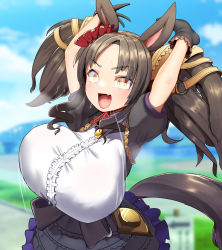 Rule 34 | 1girl, :d, animal ears, arms behind head, arms up, bell, black gloves, blurry, blurry background, blush, bouncing breasts, breasts, brown hair, cloud, day, fang, frills, gloves, highres, horse ears, huge breasts, long hair, looking at viewer, marvelous sunday (umamusume), open mouth, oppai loli, orange eyes, outdoors, skin fang, sky, smile, solo, tyamame589, umamusume, yellow eyes