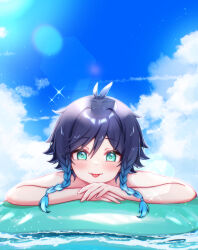 Rule 34 | 1boy, :p, aqua eyes, bare shoulders, black hair, blue hair, blue sky, blush, braid, genshin impact, gradient hair, highres, innertube, male focus, momochiwood, multicolored hair, sky, smile, solo, swim ring, tongue, tongue out, twin braids, venti (genshin impact)