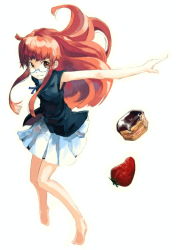 Rule 34 | 1girl, barefoot, cake, feet, food, fruit, glasses, long hair, myu, original, red hair, solo, strawberry