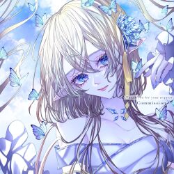 Rule 34 | 1girl, bare shoulders, blonde hair, blue butterfly, blue eyes, bug, butterfly, butterfly on hand, closed mouth, day, dress, elf, hair over shoulder, highres, insect, long hair, looking at viewer, off-shoulder dress, off shoulder, original, outdoors, pointy ears, ribbon, sasame 20, solo, straight hair, yellow ribbon