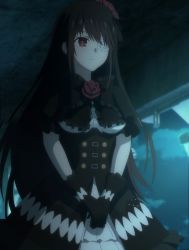 Rule 34 | 1girl, absurdres, black dress, black gloves, black hair, breasts, date a live, dress, eyepatch, gloves, hair ornament, highres, large breasts, long hair, multicolored clothes, multicolored dress, red eyes, screencap, sidelocks, smile, stitched, third-party edit, tokisaki kurumi, white dress