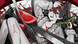 1boy absurdres animal_ears black_hair blood blood_on_clothes blood_on_hands blood_on_plate commentary fangs fork highres knife long_hair niku_0000 on_plate original red_eyes solo tomato