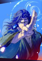 Rule 34 | 1boy, blue background, blue eyes, blue hair, earrings, hand up, highres, jewelry, lanxi zhen, laojun (the legend of luoxiaohei), long hair, long sleeves, looking at viewer, micho, robe, serious, solo, luo xiaohei zhanji, upper body, wide sleeves
