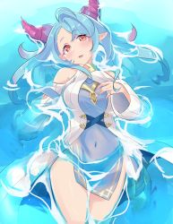Rule 34 | 1girl, absurdres, bare shoulders, blue hair, breasts, covered navel, dragalia lost, highres, horns, in water, jewelry, large breasts, mercury (dragalia lost), multicolored hair, no panties, open mouth, outdoors, pink hair, ragnaveldt, red eyes, ring, thighs, two-tone hair