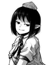 Rule 34 | 1girl, ascot, black eyes, black hair, closed mouth, collared shirt, greyscale, hat, highres, looking at viewer, monochrome, peroponesosu., pointy ears, shameimaru aya, shirt, short hair, simple background, smug, solo, tokin hat, touhou, upper body, white background