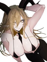 Rule 34 | 1girl, absurdres, areola slip, arknights, arm behind head, arm up, armpits, bent over, black bra, black pants, blonde hair, bra, breasts, brown horns, closed mouth, commentary request, cowboy shot, curled horns, degenbrecher (arknights), hair between eyes, highres, horns, large breasts, long bangs, long hair, looking at viewer, micro bra, pants, simple background, sketch, solo, standing, underwear, vxdrq, white background, yellow eyes