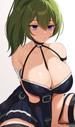 Rule 34 | 1girl, absurdres, arm strap, bare shoulders, belt, belt buckle, between breasts, black belt, black choker, black dress, breasts, buckle, choker, cleavage, closed mouth, commentary request, dress, gloves, green hair, hair between eyes, highres, large breasts, long hair, looking at viewer, ni tamago sando, o-ring, o-ring choker, pleated dress, purple eyes, side ponytail, simple background, single glove, sitting, smile, solo, sousou no frieren, spread legs, strap between breasts, thigh strap, ubel (sousou no frieren), white background