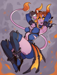 Rule 34 | 1girl, boots, breasts, cleavage, clothing cutout, demon girl, demon horns, demon tail, demon wings, elbow gloves, fang, gloves, highres, horns, maeve (paladins), mosaic background, navel, navel cutout, orange eyes, orange hair, paladins, skindentation, solo, splashbrush, tail, thigh boots, thighhighs, wings